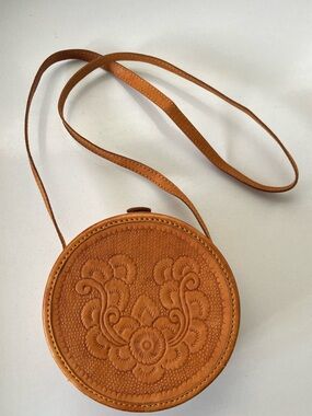 Street Level Brown Round Leather Crossbody Bag Hand Tooled Floral Embossed